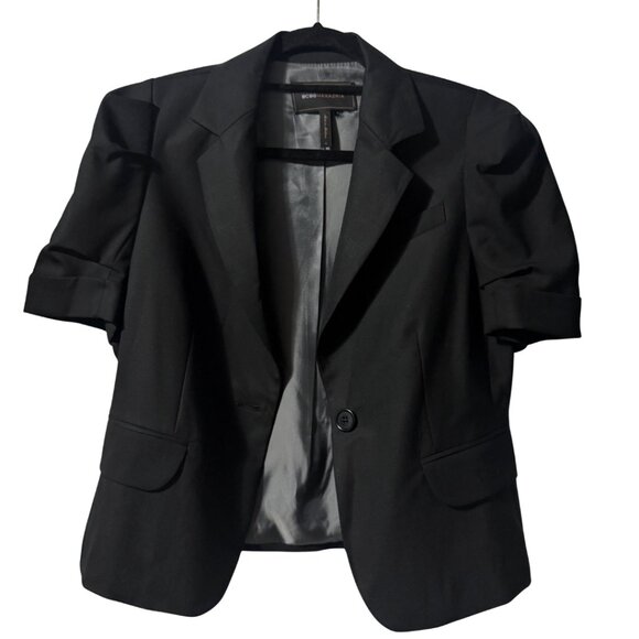 BCBGMAXAZRIA Black Short Sleeve Ruched Blazer – Size M, NWOT - Picture 3 of 11